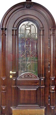 Арочная металлическая дверь массив со стеклом и ковкой ДА-50 в Саратове