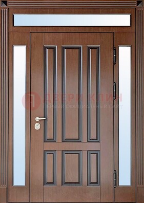 Железная дверь со стеклом и фрамугами в коричневом цвете ДФГ-8 в Саратове