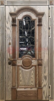 Железная дверь с массивом дуба со стеклом и ковкой ДМД-47 в Саратове