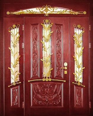 Бордовая железная парадная дверь со стеклом и ковкой ДПР-75 в Саратове
