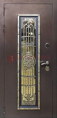 Железная дверь цвета медный антик со стеклом и ковкой ДСК-105 в Саратове