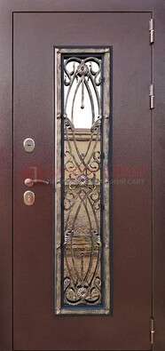 Коричневая стальная дверь порошок со стеклом и ковкой для дома ДСК-169 в Саратове