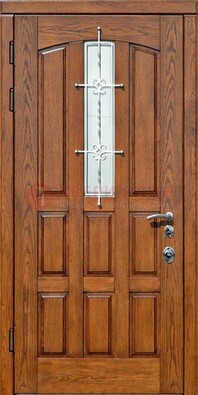 Стальная дверь со стеклом и ковкой для частного дома ДСК-192 в Саратове