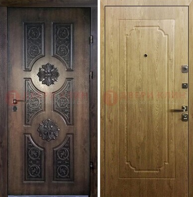 Железная коричневая дверь с виноритом и терморазрывом Золотой дуб внутри ДВТ-101 в Саратове