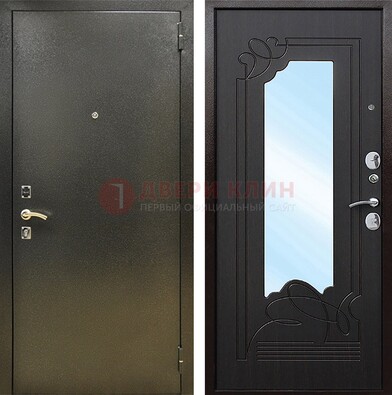 Железная темная дверь c порошковым напылением и МДФ с узором и зеркалом ДЗ-111 в Саратове
