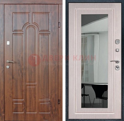 Входная коричневая дверь с МДФ Белый дуб и зеркалом ДЗ-126 в Саратове