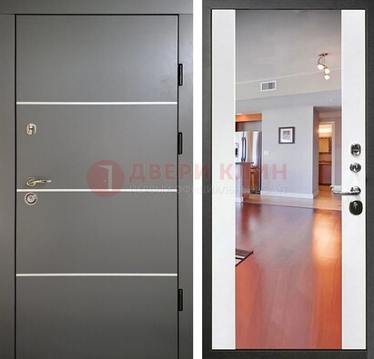 Темная коричневая входная дверь с зеркалом МДФ белая внутри ДЗ-131 в Саратове