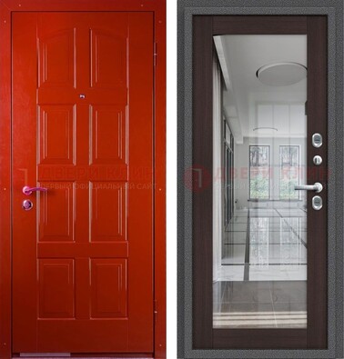 Красная металлическая дверь с МДФ и зеркалом ДЗ-136 в Саратове